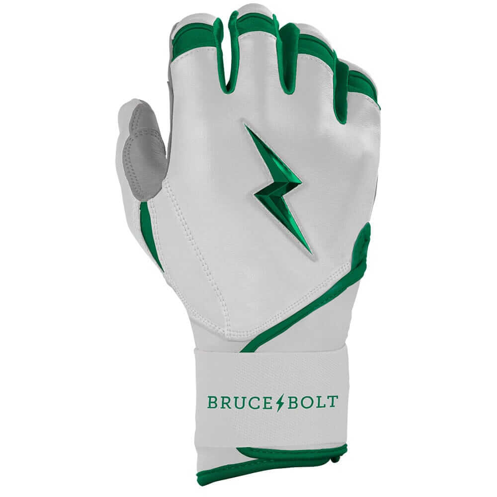 Right glove featuring Bruce Bolt Premium Pro Chrome Batting Glove, green color.