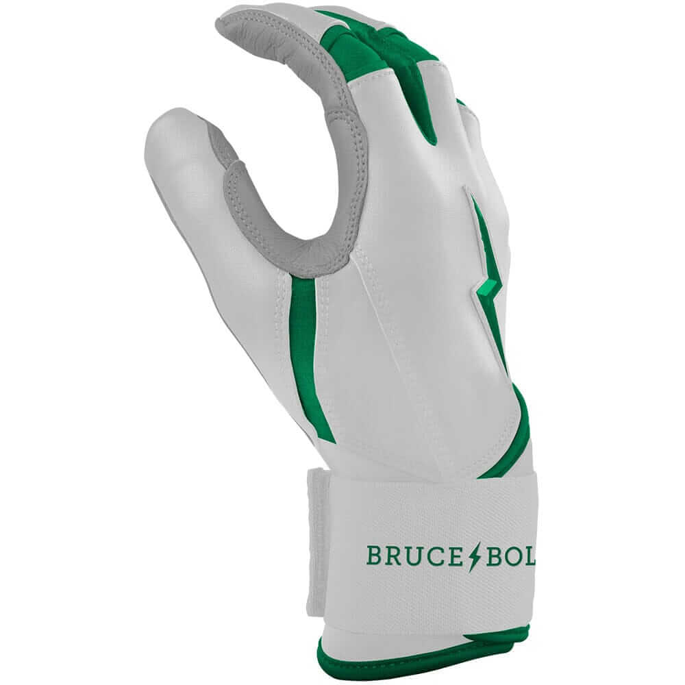 side angle of Bruce Bolt Premium Pro Chrome Batting Glove in green