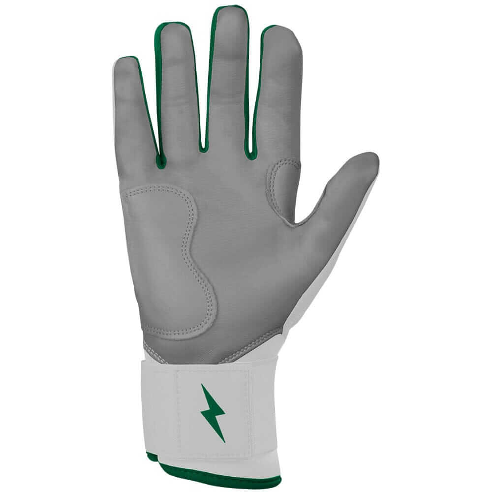 Palm view of right hand with Bruce Bolt Batting Glove in green.