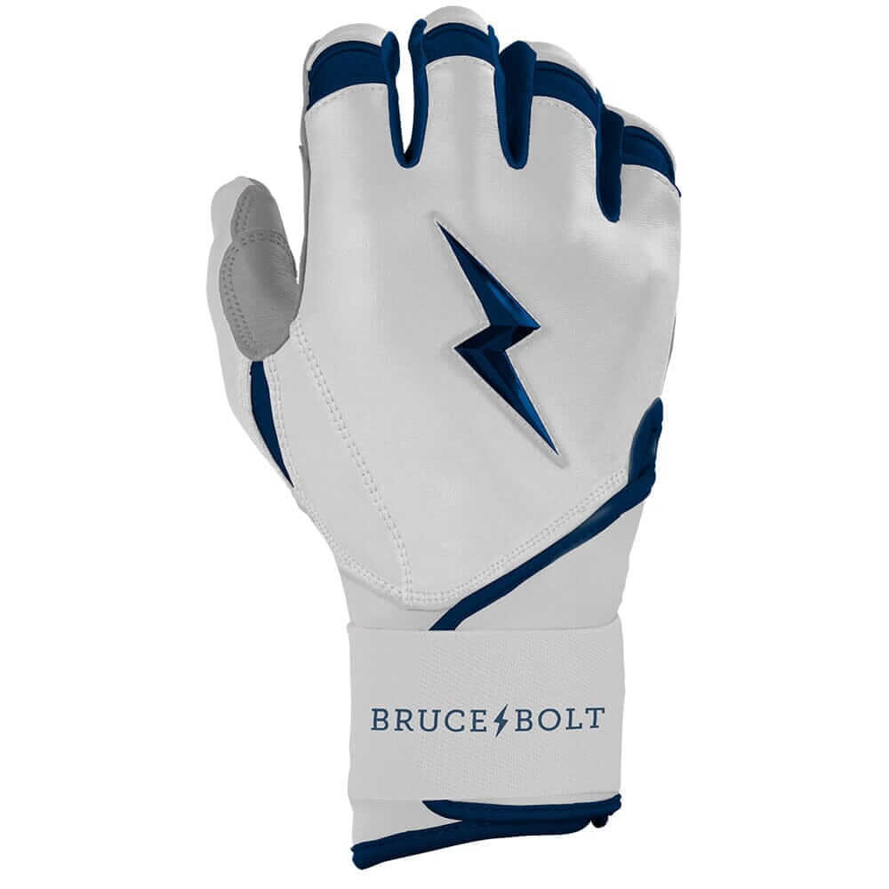 Bruce Bolt Youth Premium Pro Chrome Long Cuff Batting Gloves in navy and white, featuring a sleek design and logo.