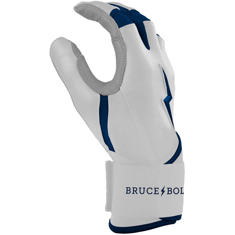 Bruce Bolt Youth Premium Pro Chrome Long Cuff Batting Gloves in navy, crafted from soft Cabretta leather for comfort and durability.