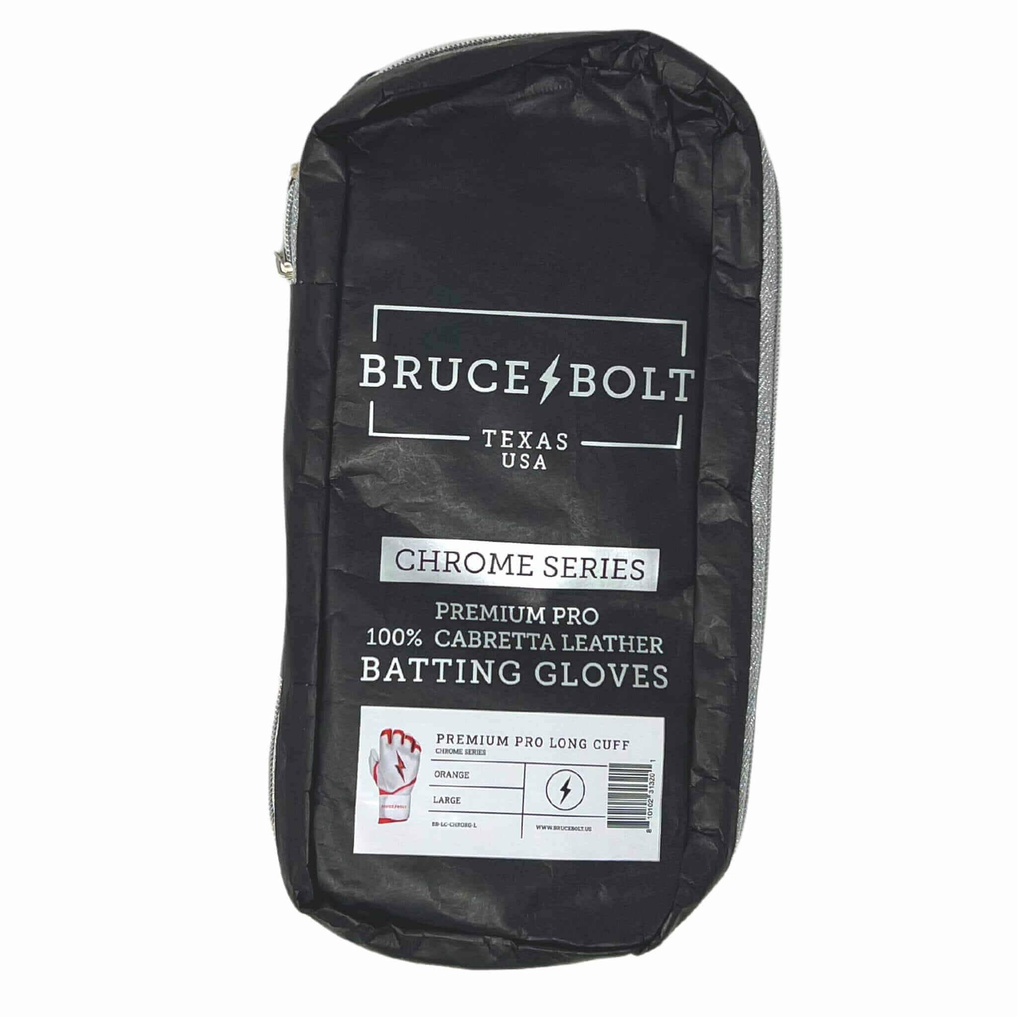 Glove bag  of Bruce Bolt Youth Premium Pro Chrome Short Cuff Batting Glove Orange."