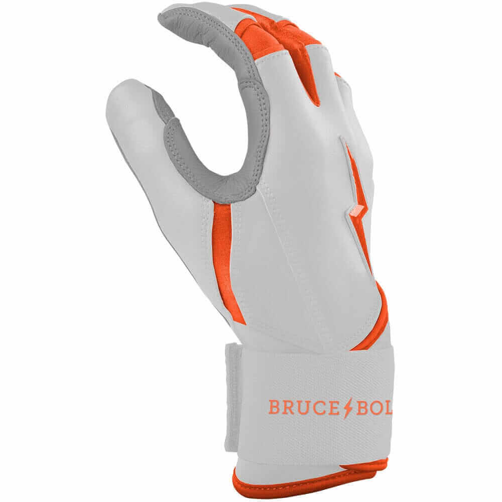 Side angle view of Bruce Bolt Youth Premium Pro Chrome Short Cuff Batting Gloves Orange."
