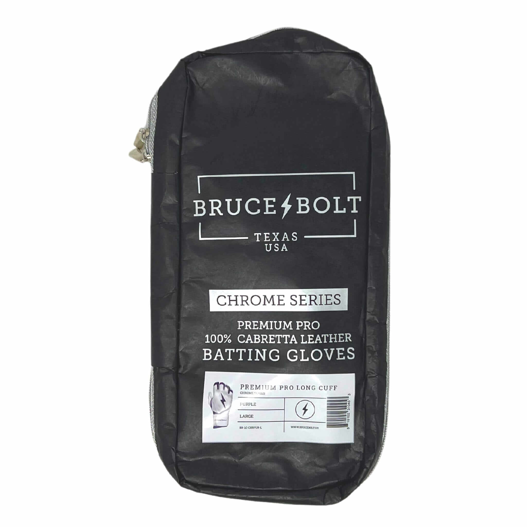 Packaging pouch for Bruce Bolt Premium Pro Chrome Long Cuff Batting Gloves.