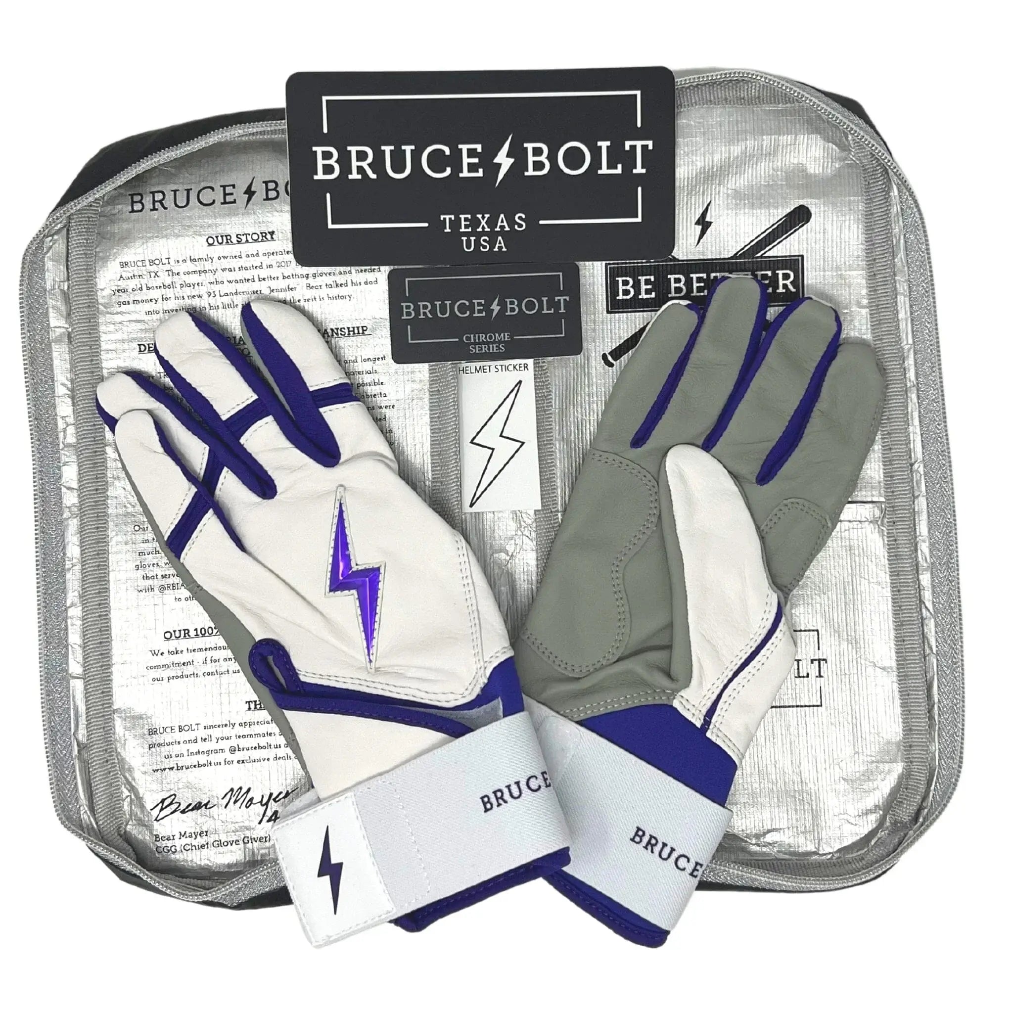 Bruce Bolt Youth Premium Pro Chrome Long Cuff Batting Gloves in purple and grey, featuring a lightning logo and stylish packaging.