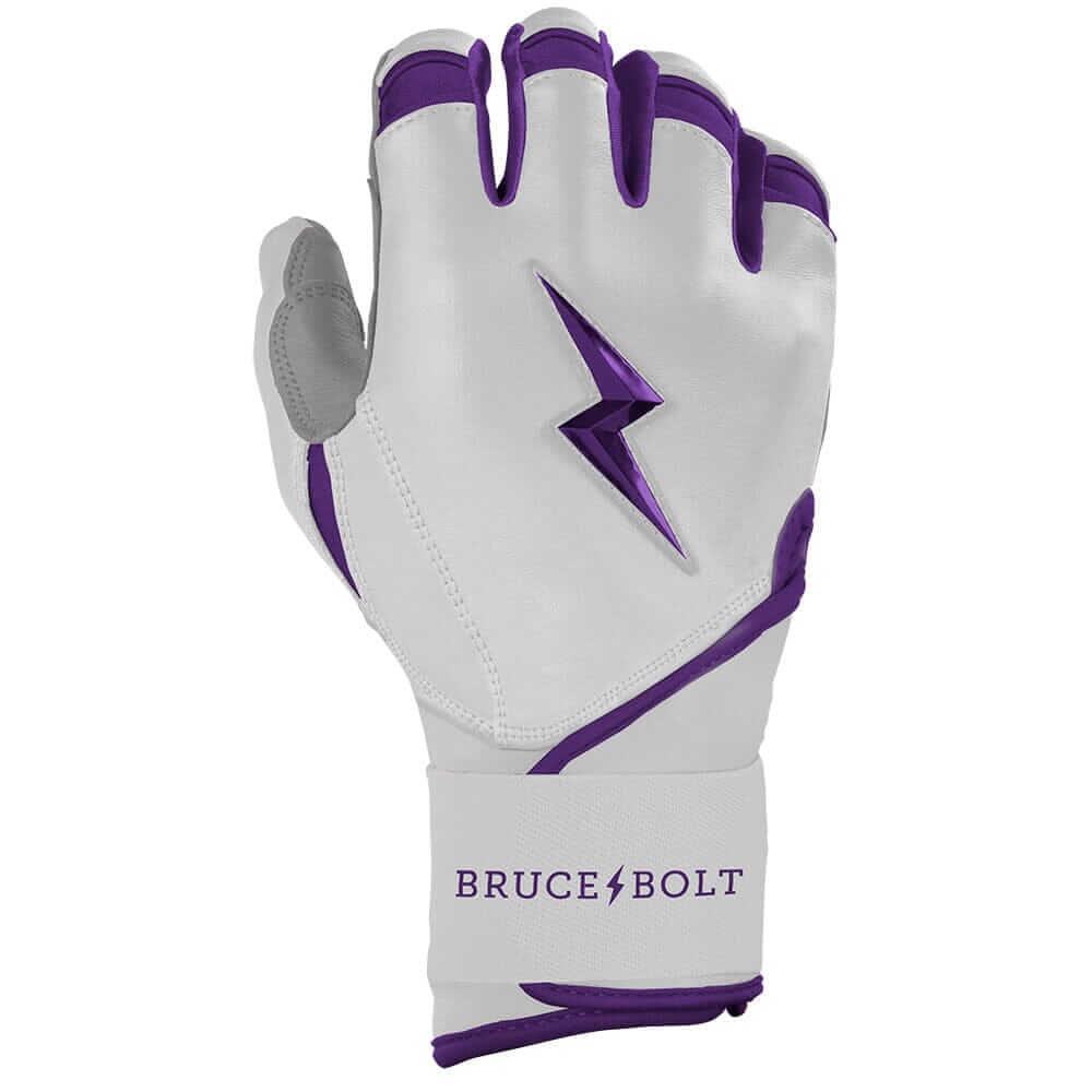 Right hand showcasing Bruce Bolt Premium Pro Chrome Batting Glove, purple color.