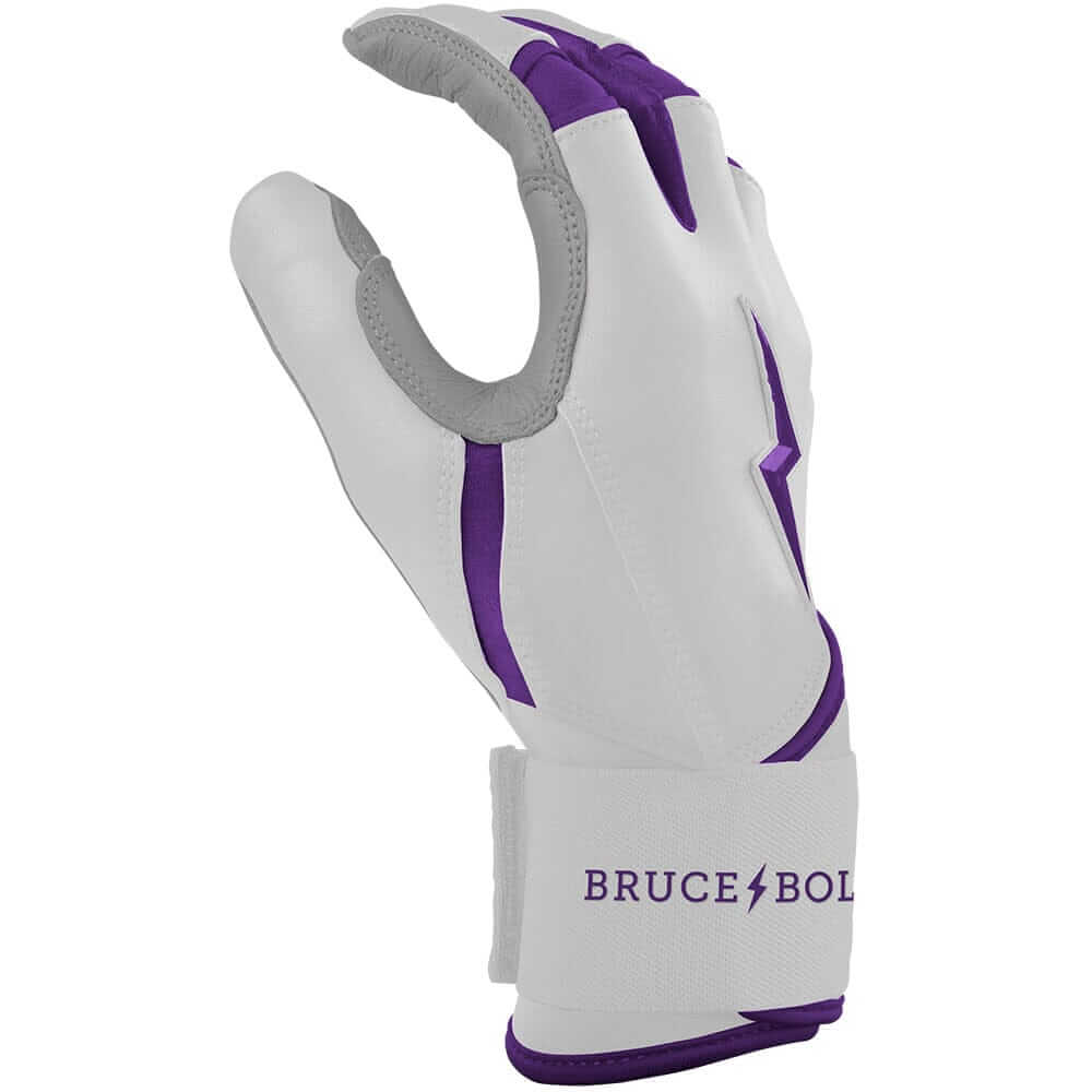 Side angle view of Bruce Bolt Premium Pro Chrome Batting Glove in purple