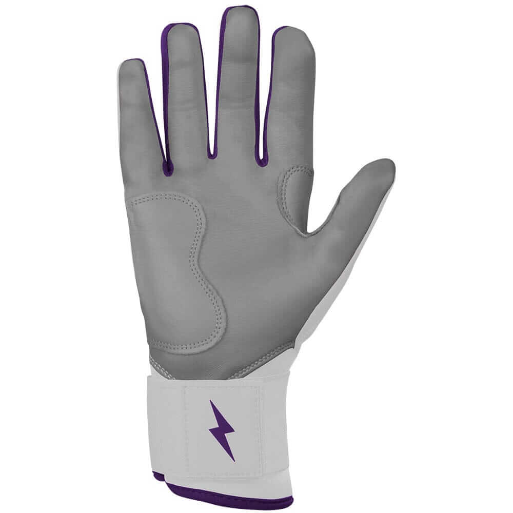 Palm view of the right hand with Bruce Bolt Batting Glove in purple.