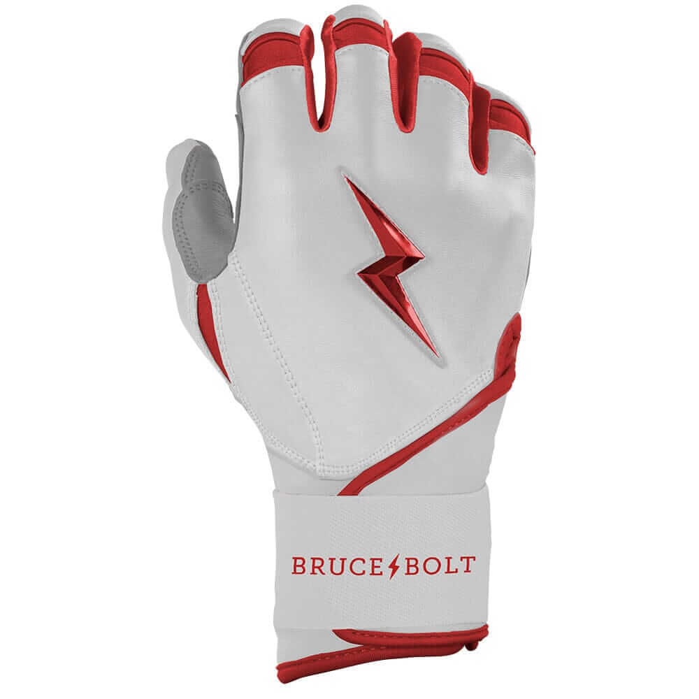 Right hand wearing Bruce Bolt Premium Pro Chrome Batting Glove, red color.