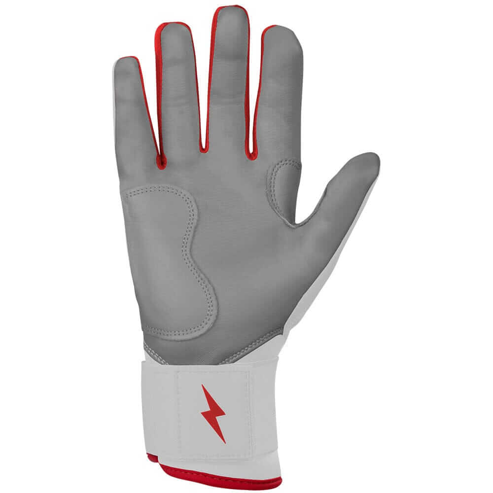 Palm view of right hand with Bruce Bolt Premium Pro Batting Glove in red.