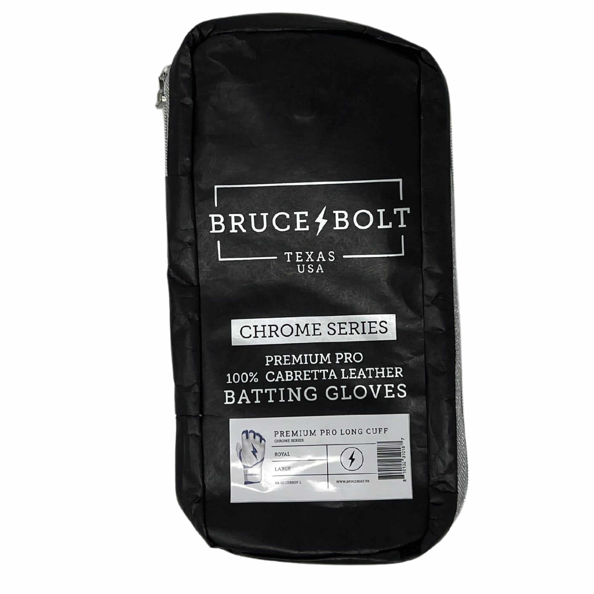 Bruce Bolt Premium Pro Chrome Long Cuff Batting Gloves packaging, featuring 100% Cabretta leather, in sleek black design.