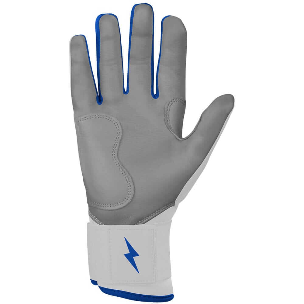 Bruce Bolt Youth Premium Pro Chrome long cuff batting glove in royal blue, made from durable Cabretta leather.