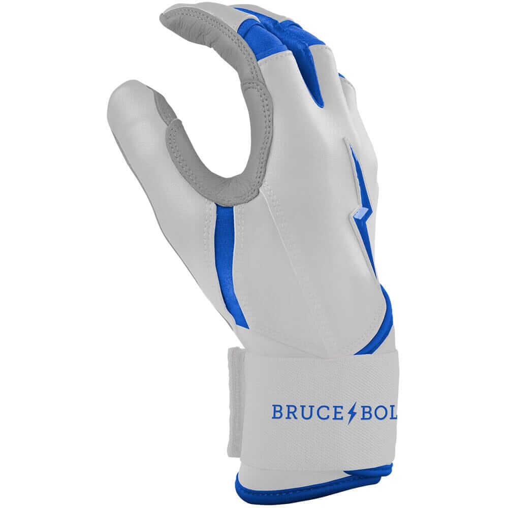 Bruce Bolt Premium Pro Chrome Long Cuff Batting Glove in white and royal blue, showcasing unique design and quality craftsmanship.