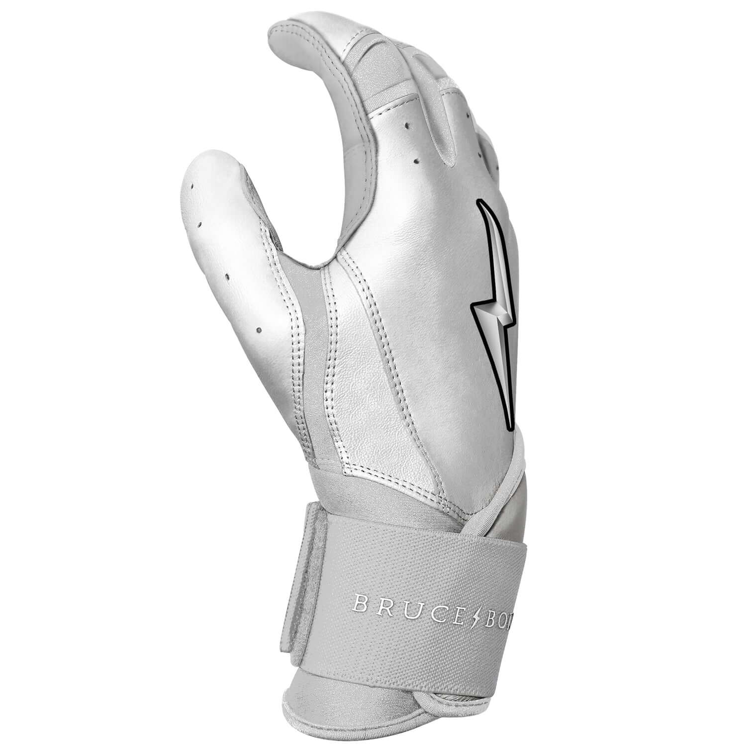 Bruce Bolt Premium Pro Chrome Long Cuff Batting Gloves in White, showcasing high-quality Cabretta leather and durable design.