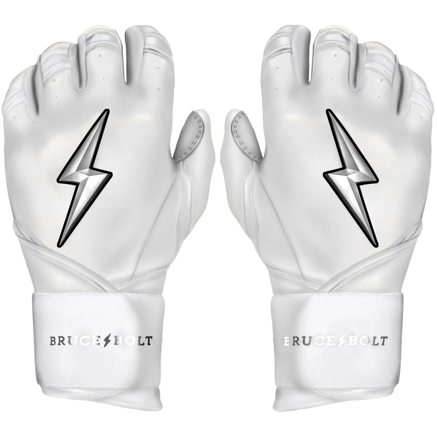 Bruce Bolt Premium Pro Chrome Long Cuff Batting Gloves in White with lightning logo and reinforced Cabretta leather design.