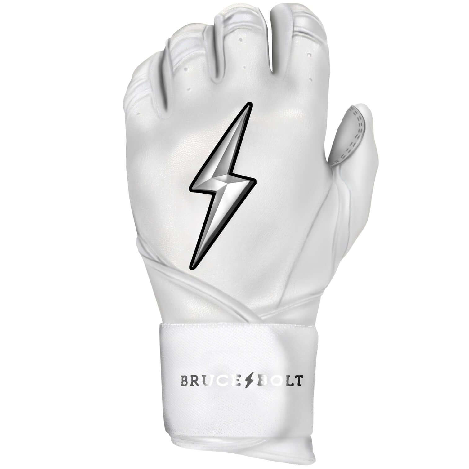 Bruce Bolt Premium Pro Chrome Long Cuff Batting Gloves in White with lightning bolt design, ideal for baseball players.