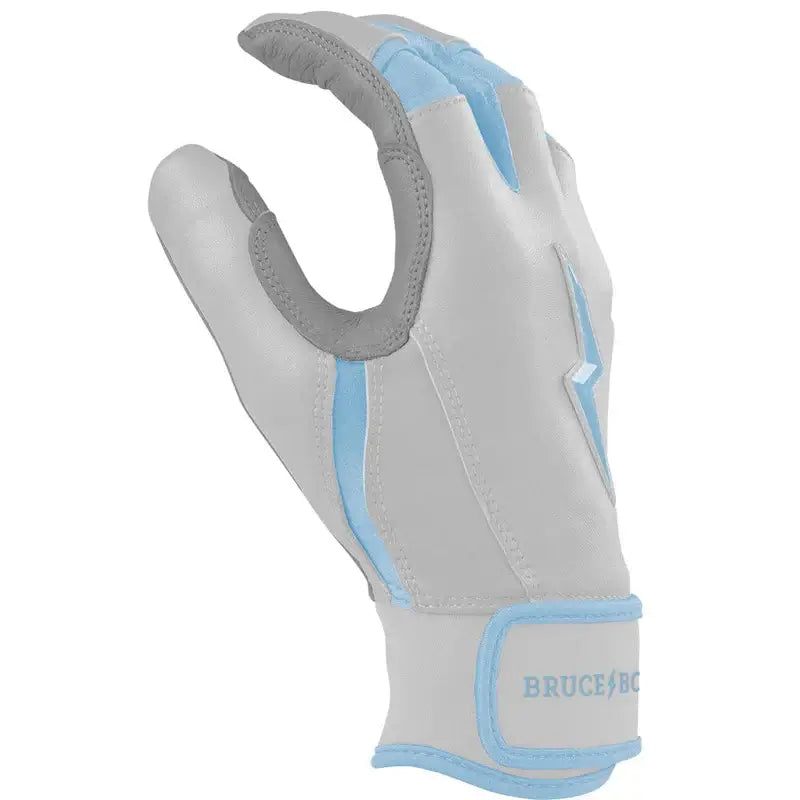 Bruce Bolt Youth Baby Blue batting gloves thumb close-up highlighting strong stitching and chrome trim.