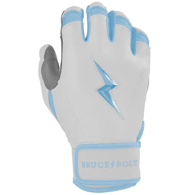 Right-hand Bruce Bolt Youth Chrome Baby Blue batting glove featuring ergonomic cuff and chrome finish.