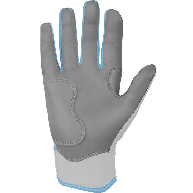 Bruce Bolt Chrome Baby Blue batting gloves palm featuring double reinforced Cabretta leather construction.