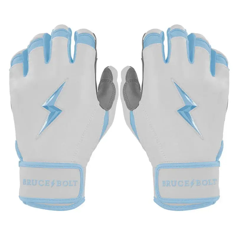 Bruce Bolt Premium Pro Chrome Baby Blue batting gloves front and back standard fit with short cuff and chrome finish.