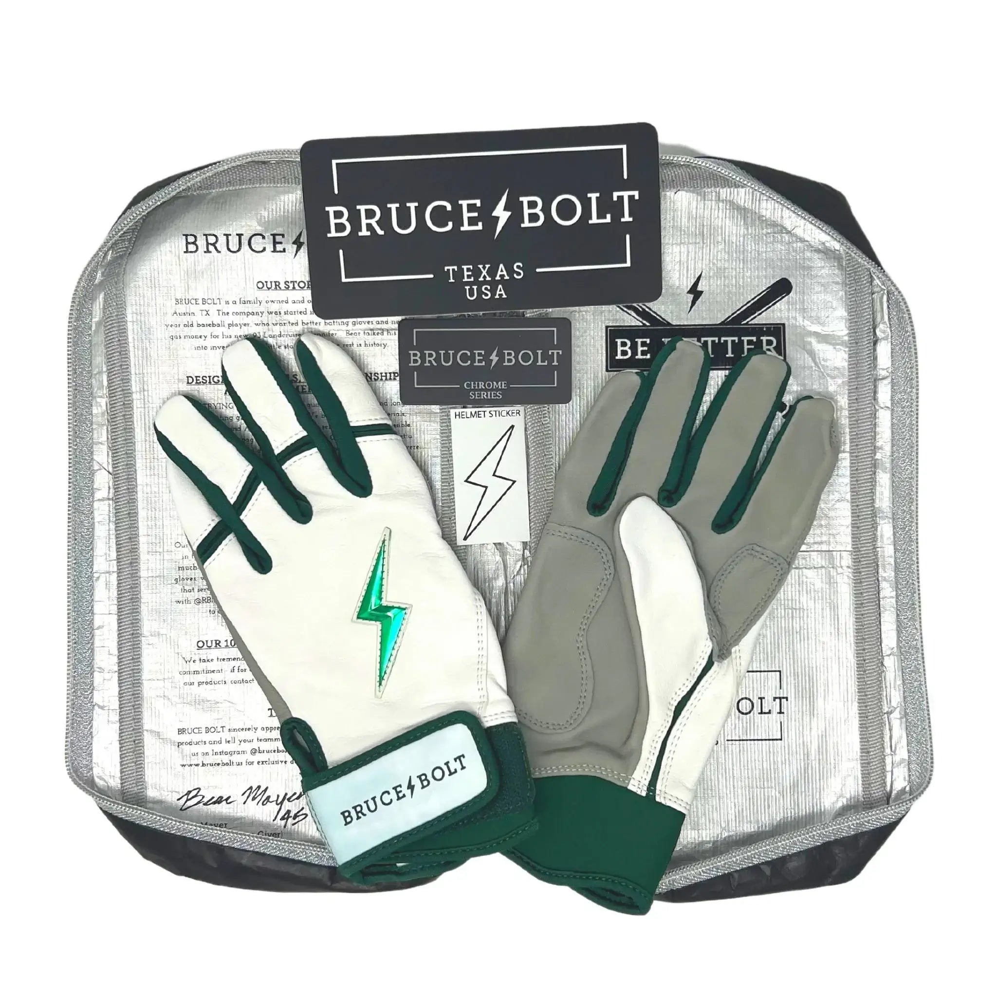 Bruce Bolt Premium Pro Chrome Short Cuff Batting Gloves in Green, featuring high-quality leather and superior craftsmanship.