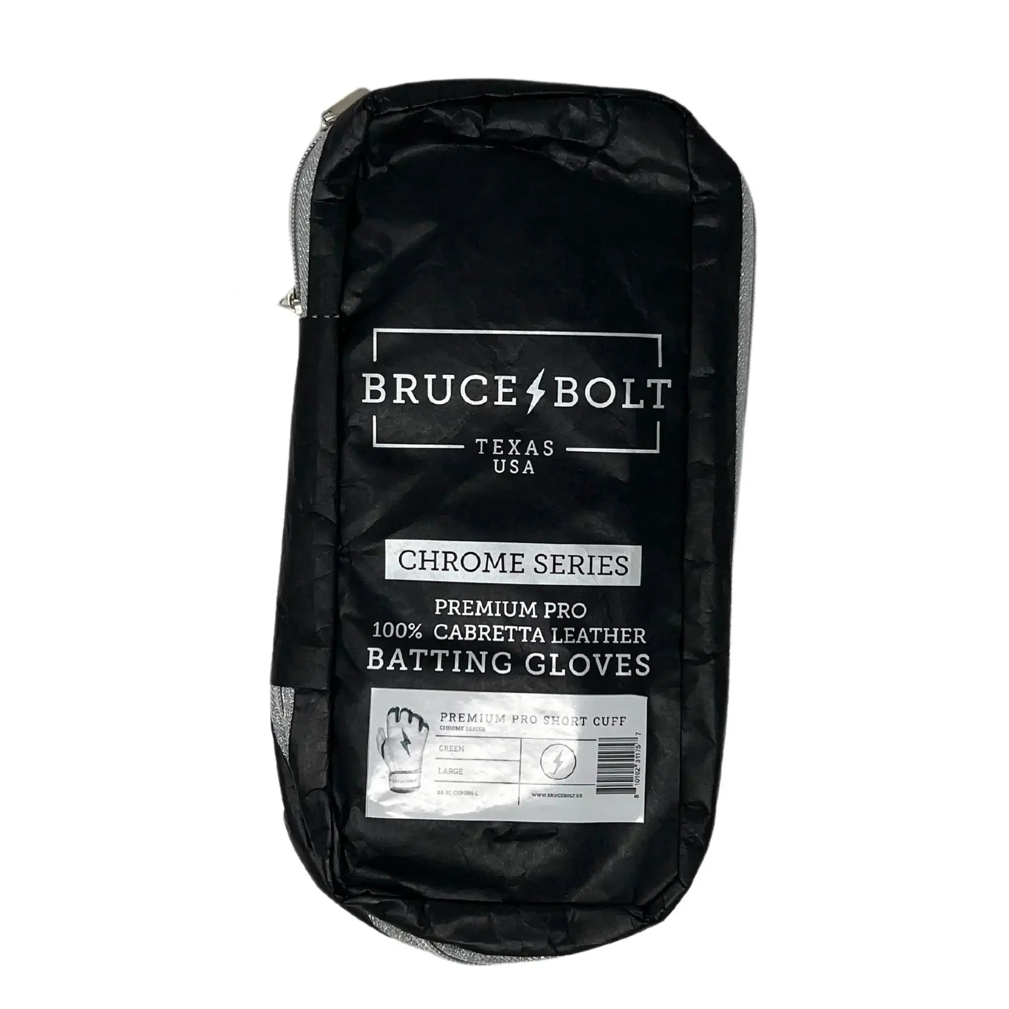 Bruce Bolt Premium Pro Chrome Series Batting Gloves packaging, showcasing high-quality cabretta leather in a sleek design.