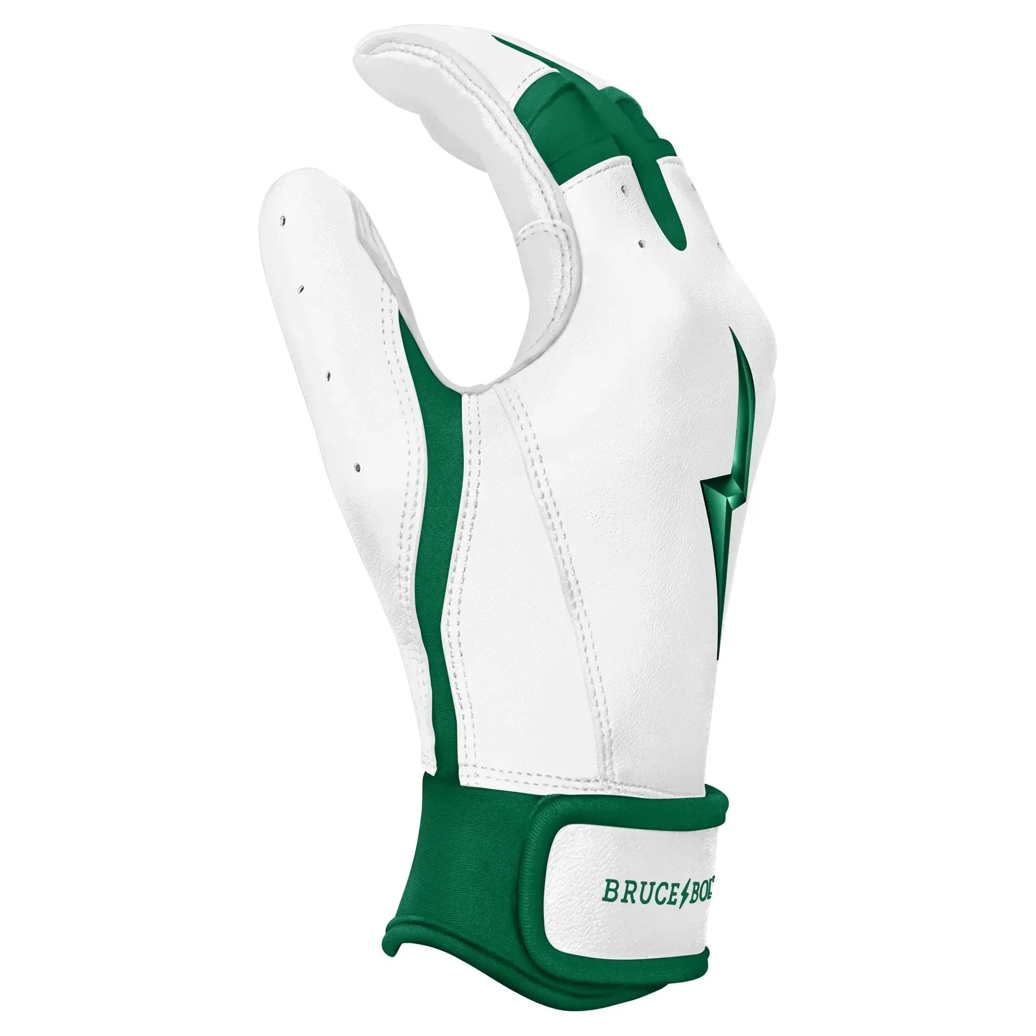 Bruce Bolt Premium Pro Chrome Short Cuff Batting Gloves in Green, showcasing high-quality leather and superior craftsmanship.