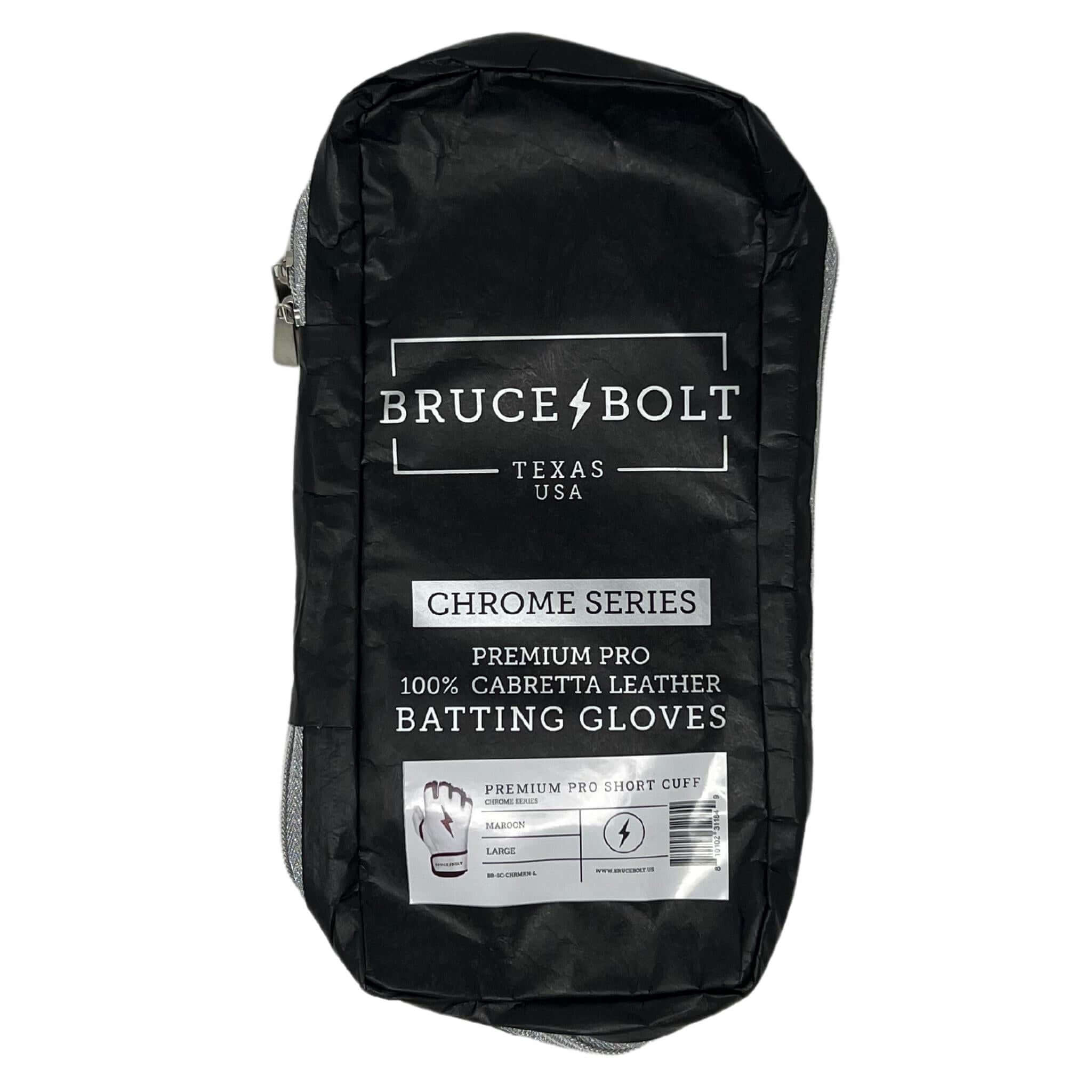 Bruce Bolt Premium Pro Chrome Short Cuff Batting Gloves - Maroon packaging with logo and product details.