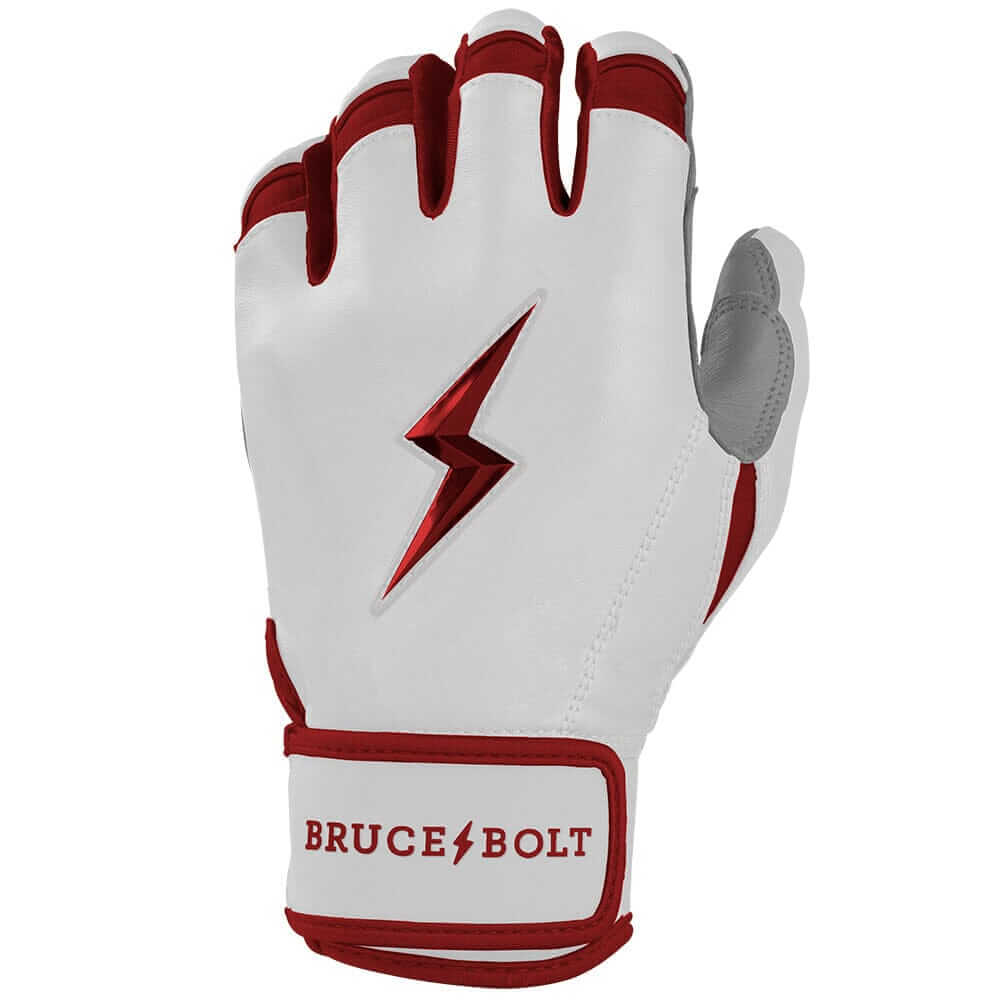 Backhand left view of Bruce Bolt maroon batting glove showing extended cuff, chrome logo, and upgraded lycra wrist support.
