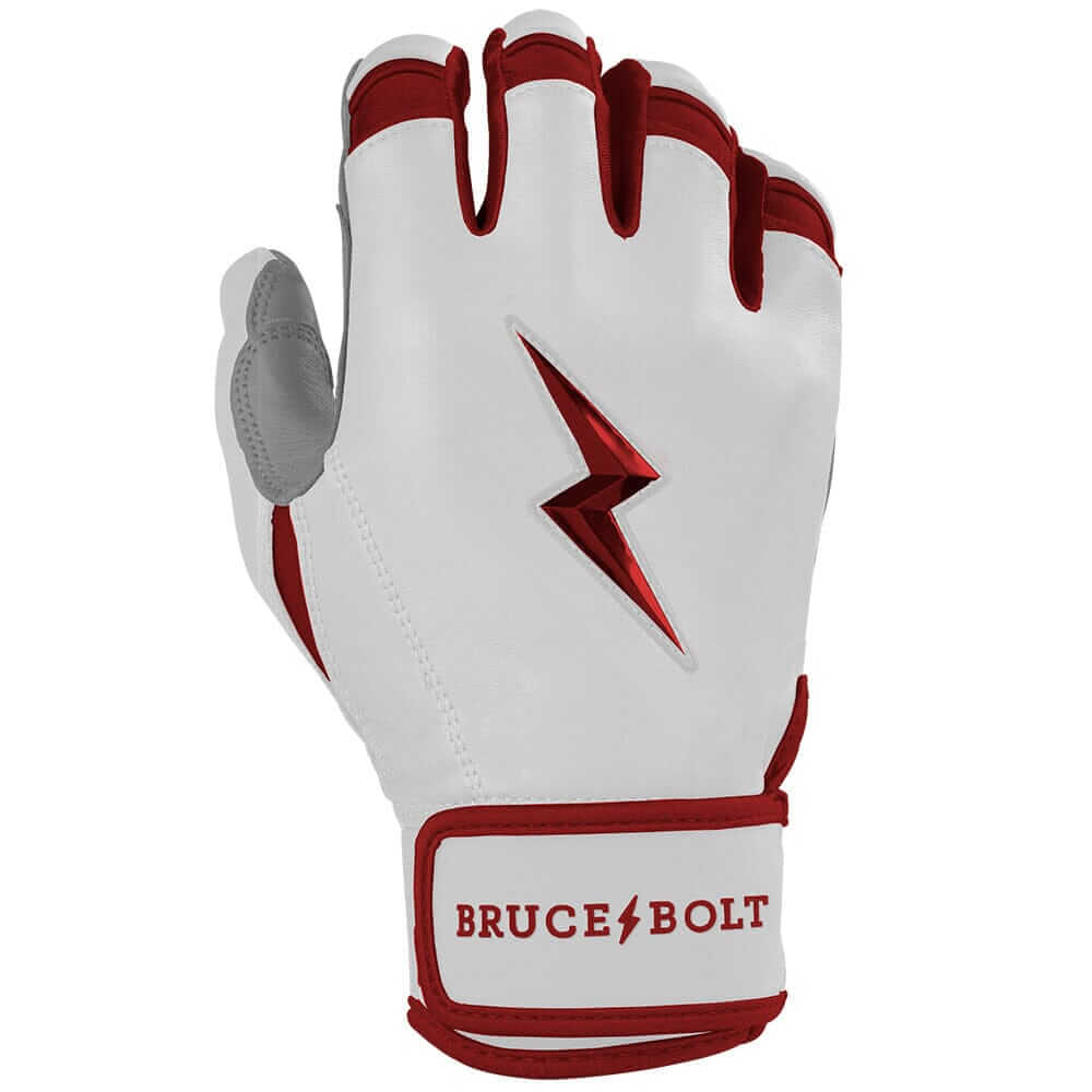 Close-up view of the right hand wearing Bruce Bolt Youth Premium Pro Chrome Short Cuff Batting Glove Maroon.