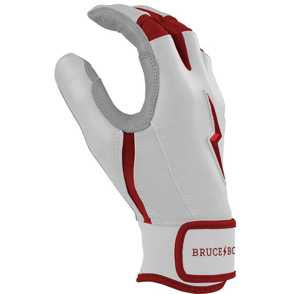 Bruce Bolt Premium Pro Chrome Short Cuff Batting Gloves - Maroon backhand view, white leather with maroon accents and logo