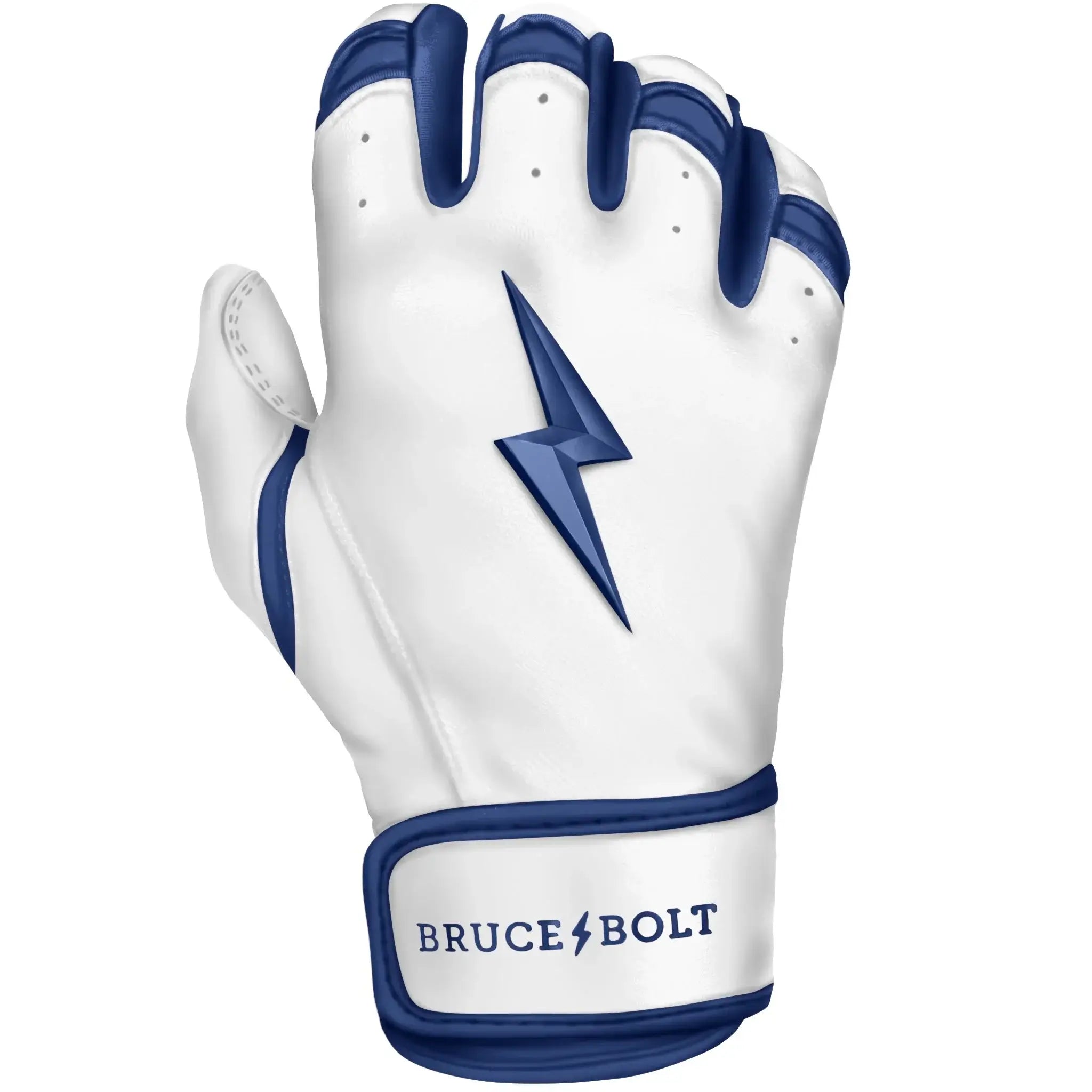 Bruce Bolt Premium Pro Chrome Short Cuff Batting Gloves in Navy with lightning bolt design and white leather finish.