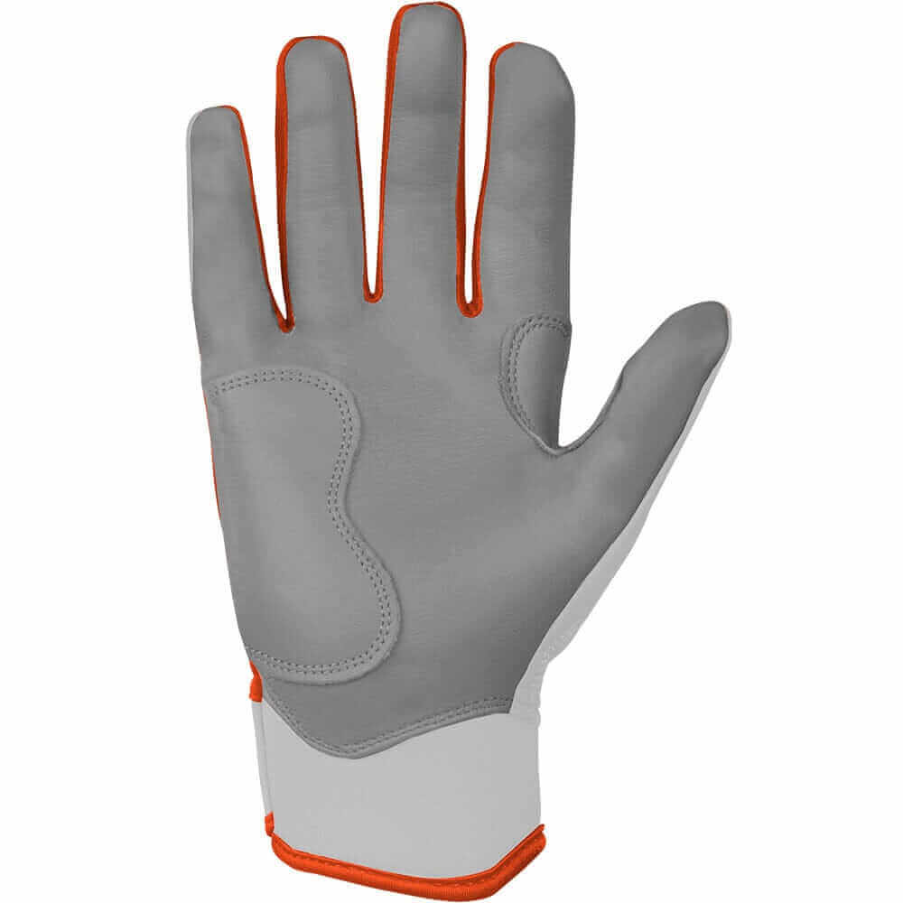 alm view of the right hand wearing Bruce Bolt Youth Premium Pro Chrome Short Cuff Batting Glove Orange