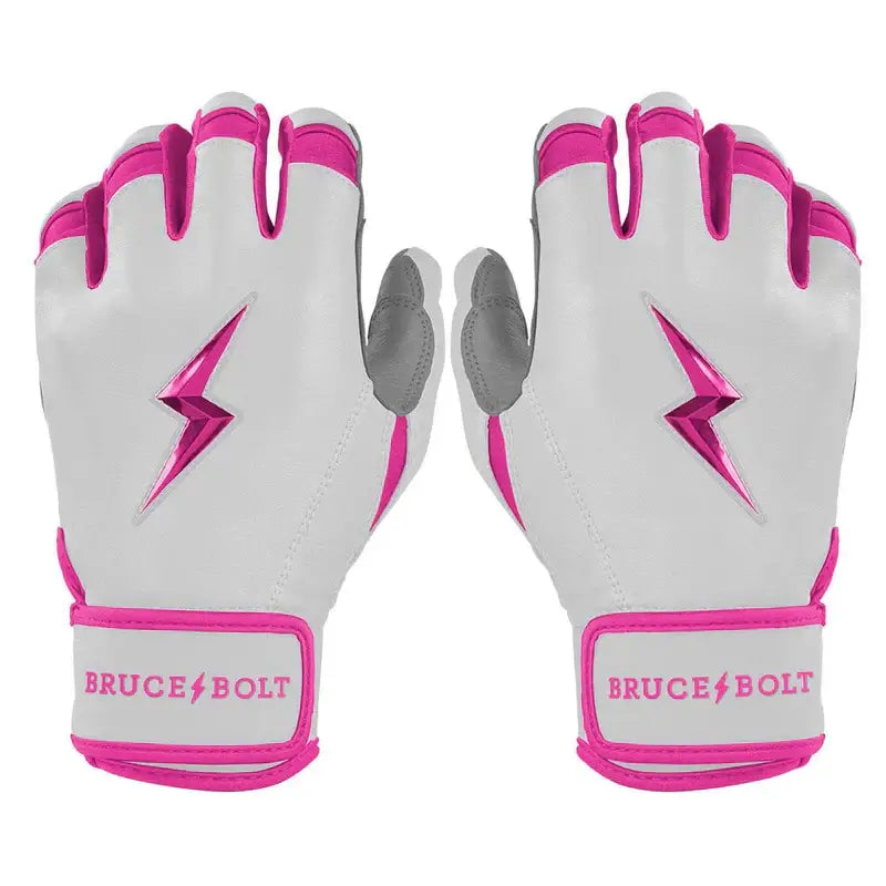 Bruce Bolt Premium Pro Chrome Pink Batting Gloves front and back view showing premium Cabretta leather and short cuff design.