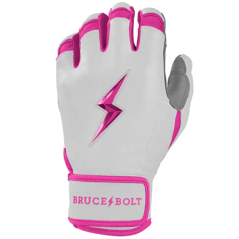 eft-hand Bruce Bolt Chrome Pink Batting Glove showing smooth Cabretta texture and fit.