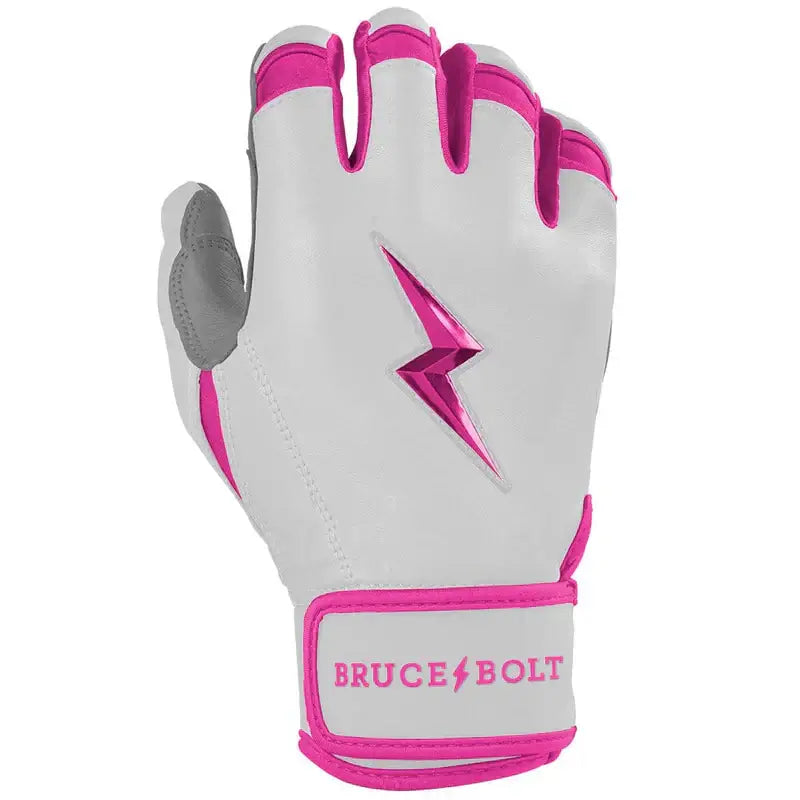 Right-hand Bruce Bolt Chrome Pink Batting Glove highlighting ergonomic shape and chrome accent.