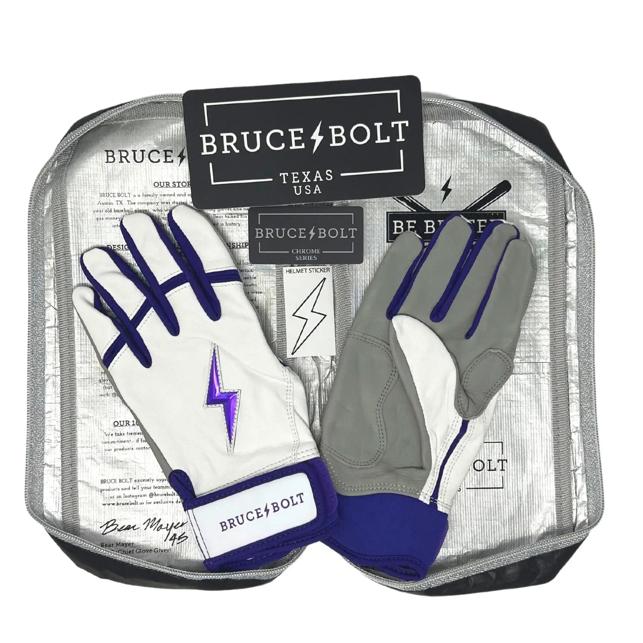 Bruce Bolt Premium Pro Chrome short cuff batting gloves in purple and gray, displayed with packaging and logo.
