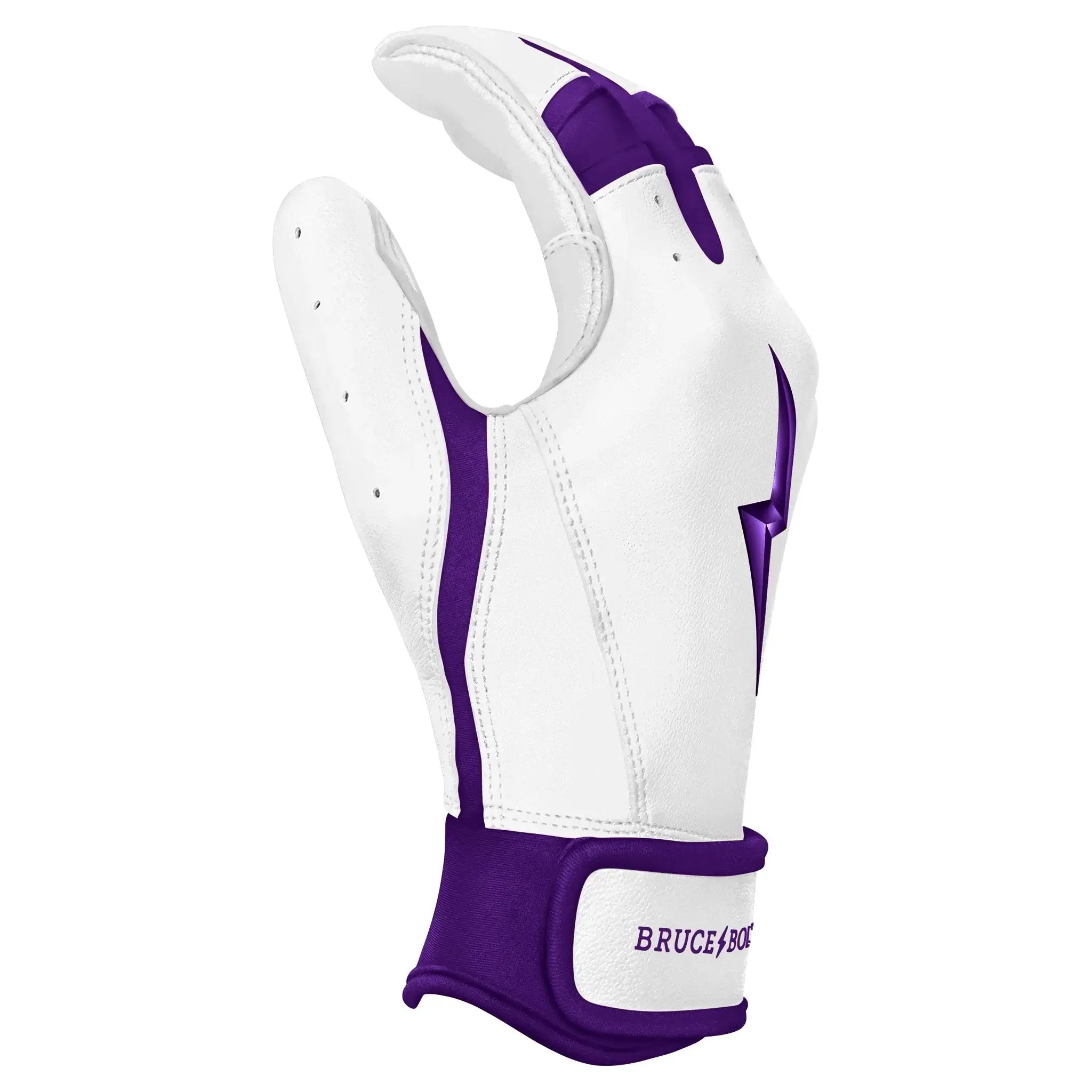 Bruce Bolt Premium Pro Chrome Short Cuff Batting Gloves in purple, featuring soft Cabretta leather for enhanced grip and durability.