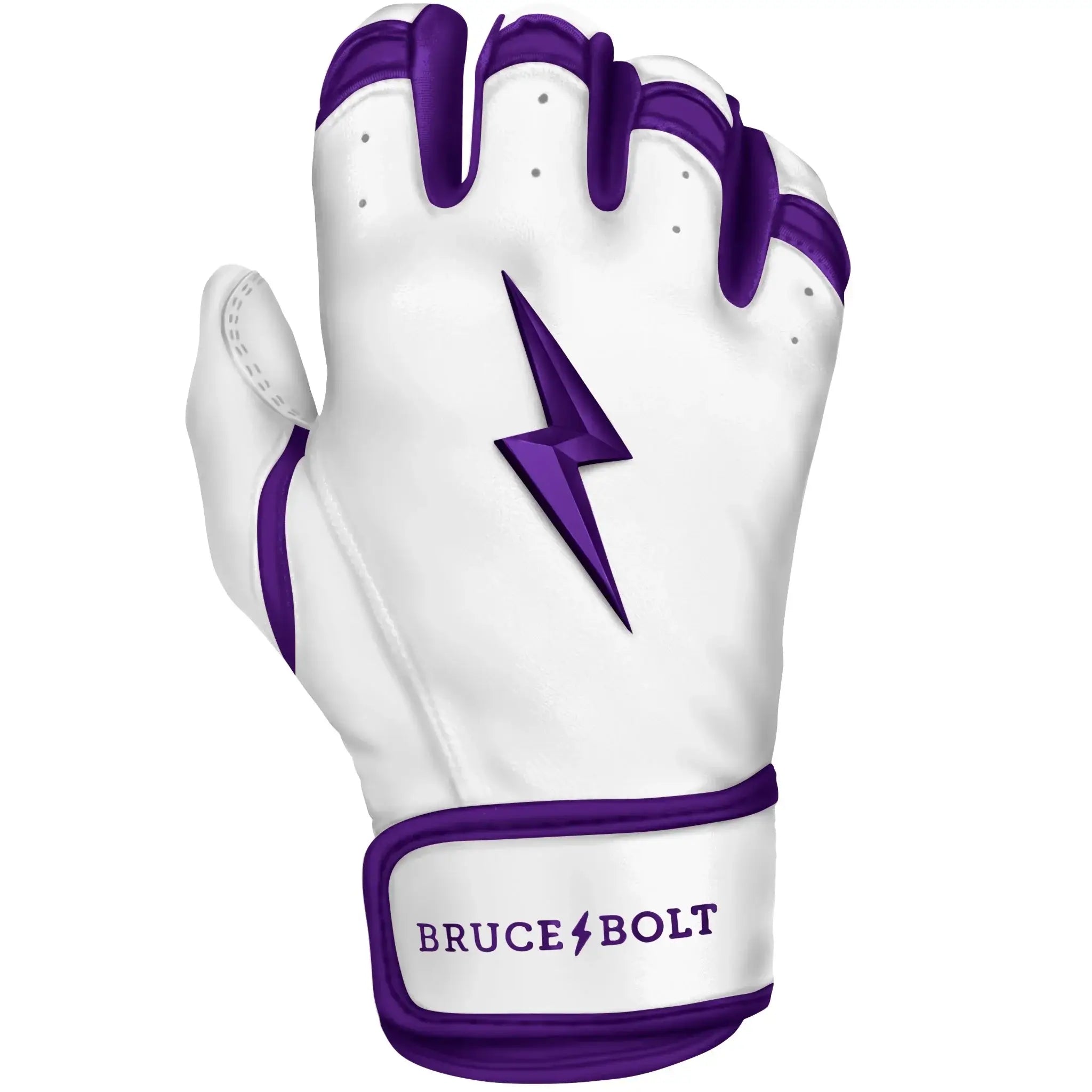 Bruce Bolt Premium Pro Chrome Short Cuff Batting Gloves in purple and white with logo for enhanced performance in baseball.