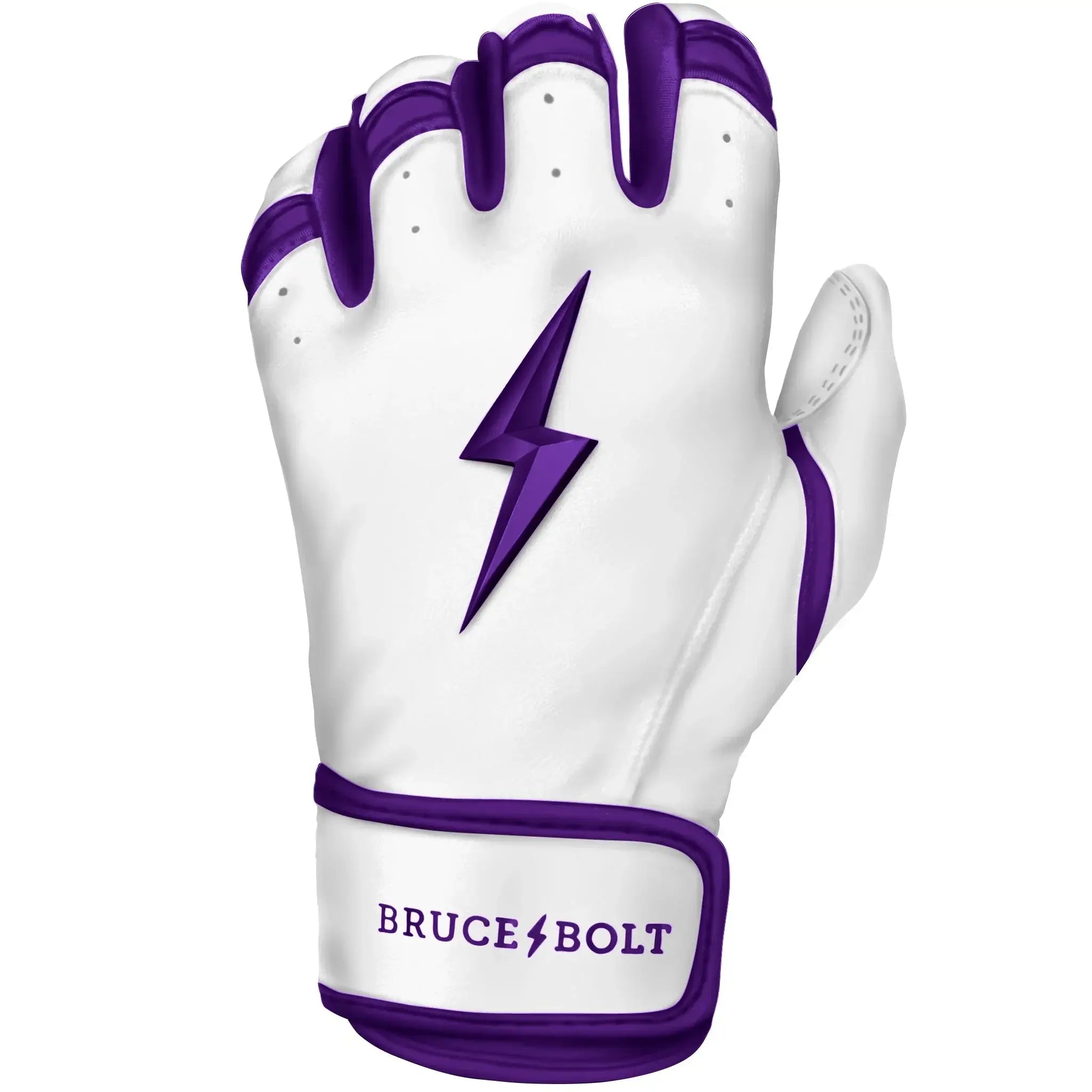Bruce Bolt Premium Pro Chrome Short Cuff Batting Gloves in Purple, featuring durable Cabretta leather and sleek design.