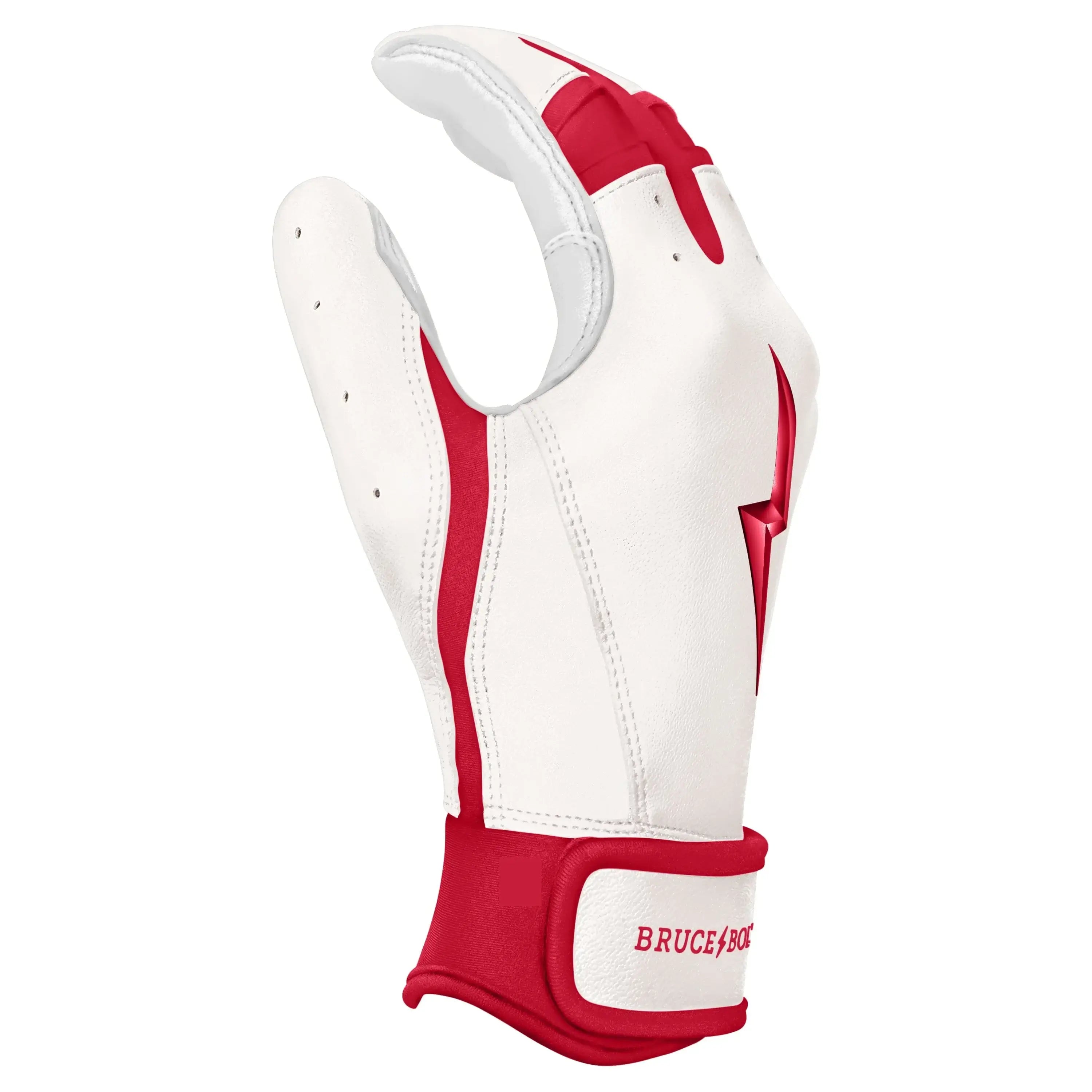 Bruce Bolt Premium Pro Chrome Short Cuff Batting Gloves in red and white, showcasing premium cabretta leather and ergonomic design.