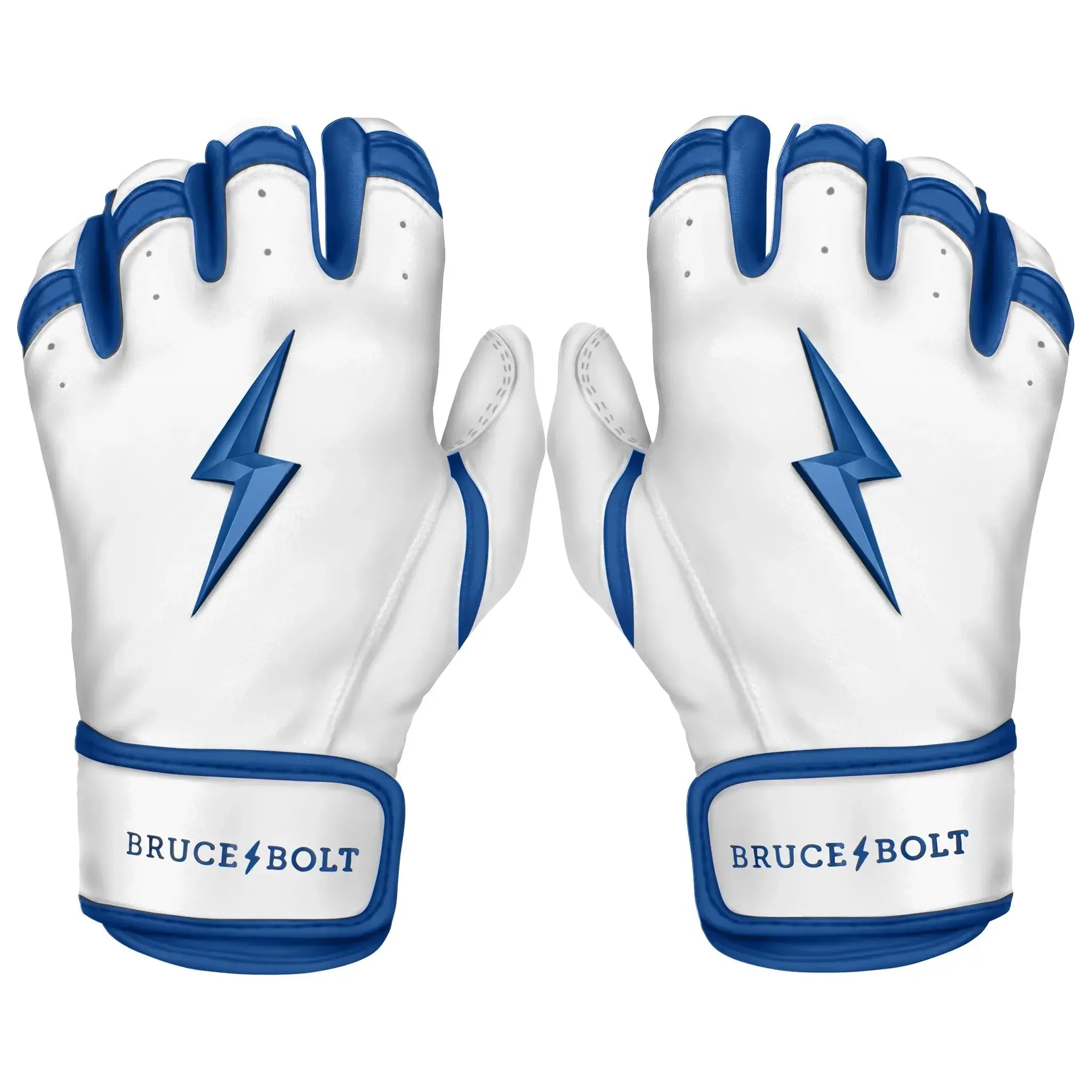 Bruce Bolt Premium Pro Chrome Short Cuff Batting Gloves in royal blue and white, designed for superior comfort and performance.