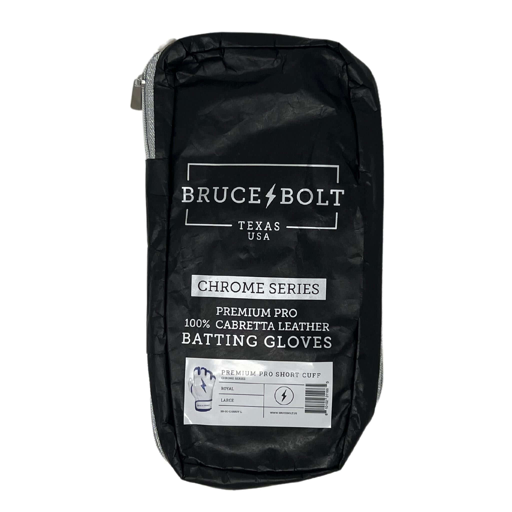 Bruce Bolt Youth Premium Pro Chrome Series Royal batting gloves packaging pouch.