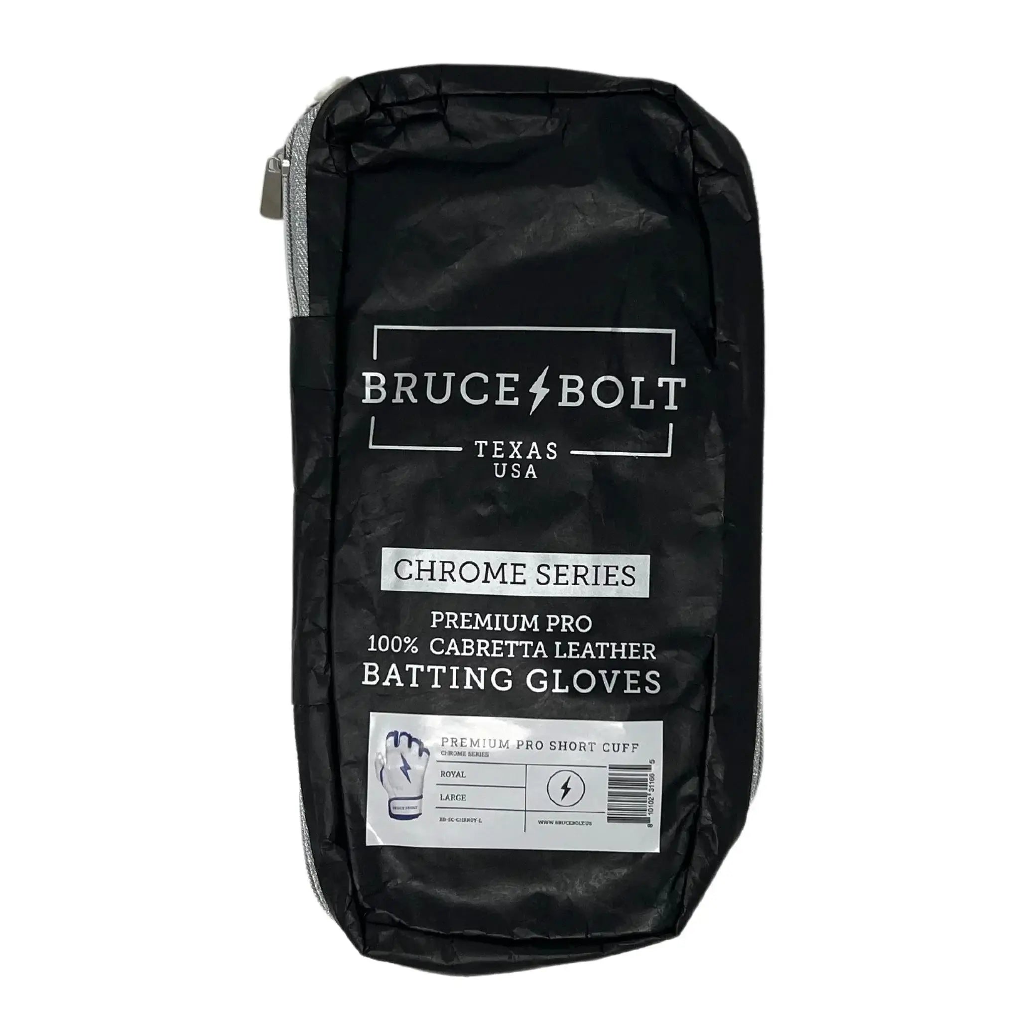 Bruce Bolt Premium Pro Chrome Short Cuff Batting Gloves packaging showing Cabretta leather quality and product details.