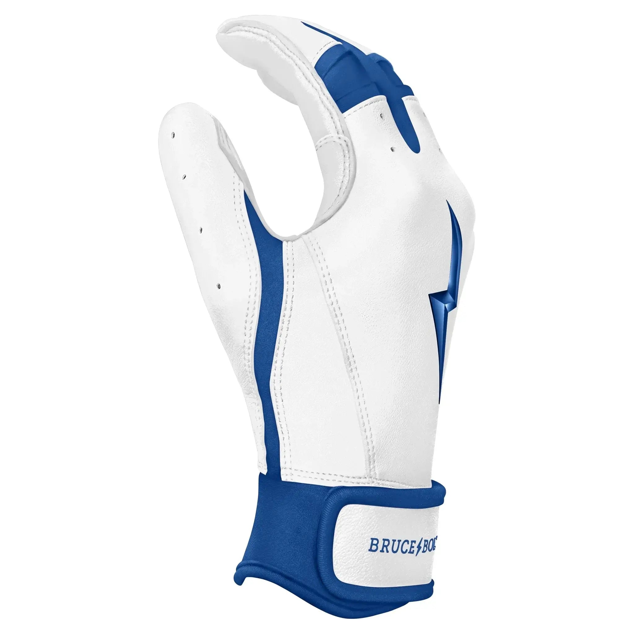 Bruce Bolt Premium Pro Chrome Short Cuff Batting Gloves in royal blue with high-quality Cabretta leather for superior performance.