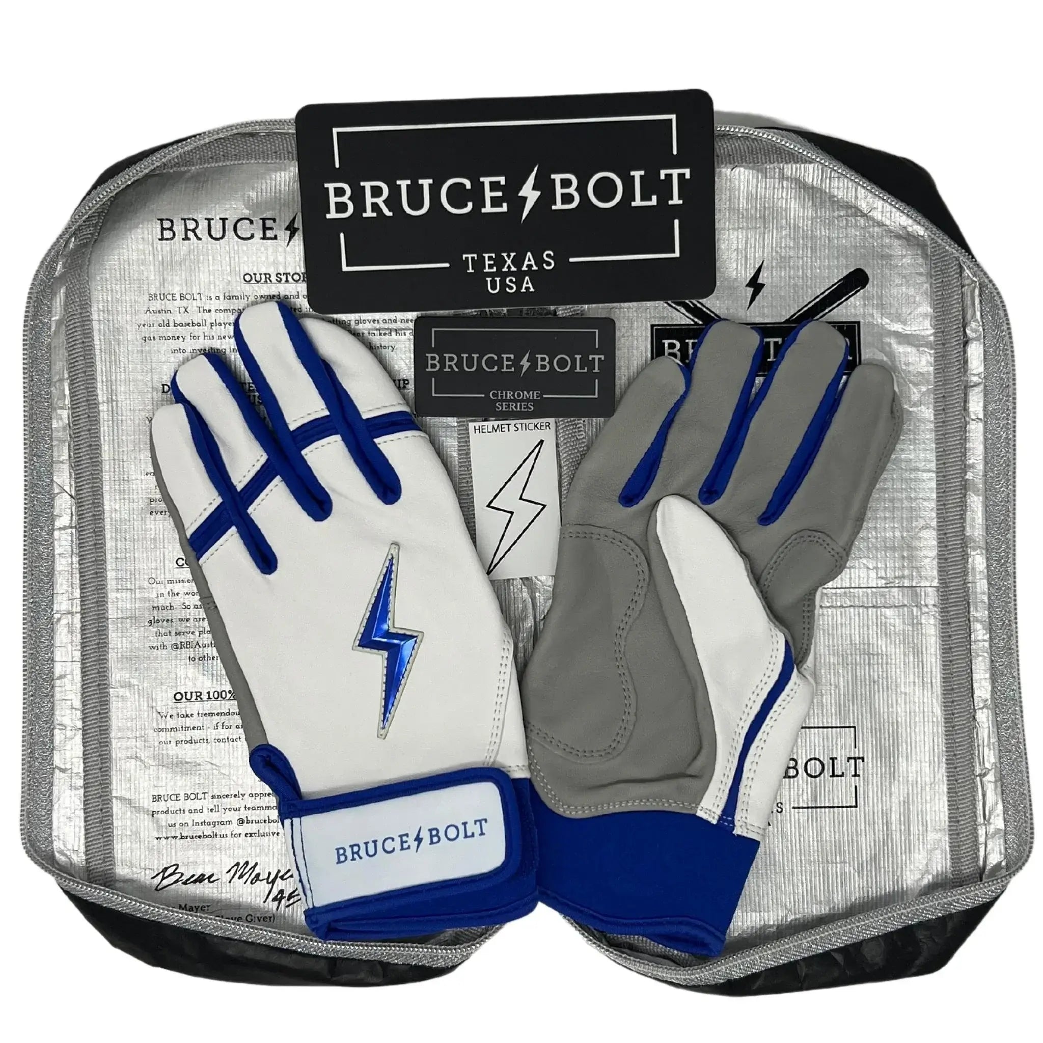 Bruce Bolt Premium Pro Chrome Short Cuff Batting Gloves in royal blue, featuring soft Cabretta leather and sleek design.