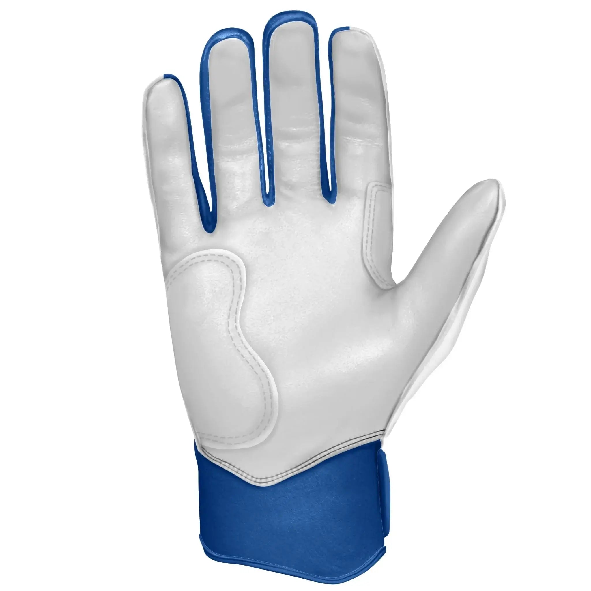 Bruce Bolt Premium Pro Chrome Short Cuff Batting Gloves in white and royal blue, showcasing superior comfort and performance.