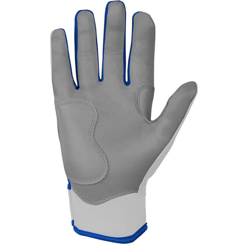 Bruce Bolt Youth Chrome Series Royal batting gloves palm detail showing double reinforced Cabretta leather.