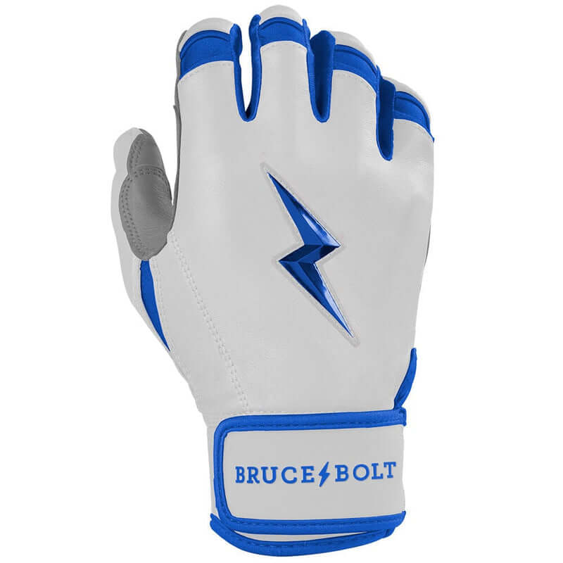 Right hand Bruce Bolt Youth Royal batting glove showing chrome detailing and Bruce Bolt logo.