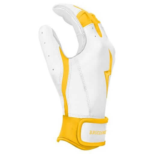 Bruce Bolt Premium Pro Chrome Short Cuff Batting Glove in yellow, featuring double reinforced palm for enhanced durability.